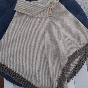 Women's Beige Sweater Poncho with Button Detail